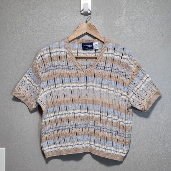 Vintage 90s Liz Claiborne Striped Knit Sweater Petite M Preppy Coastal Pastel - Picture 9 of 9